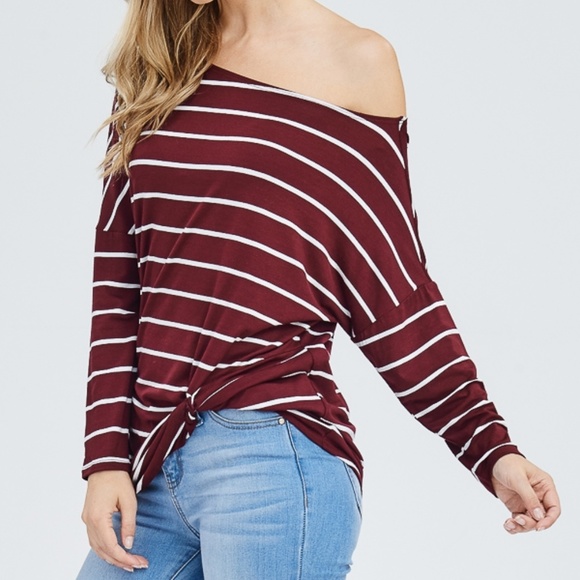 Burgundy Off Shoulder Striped Top - Picture 2 of 7